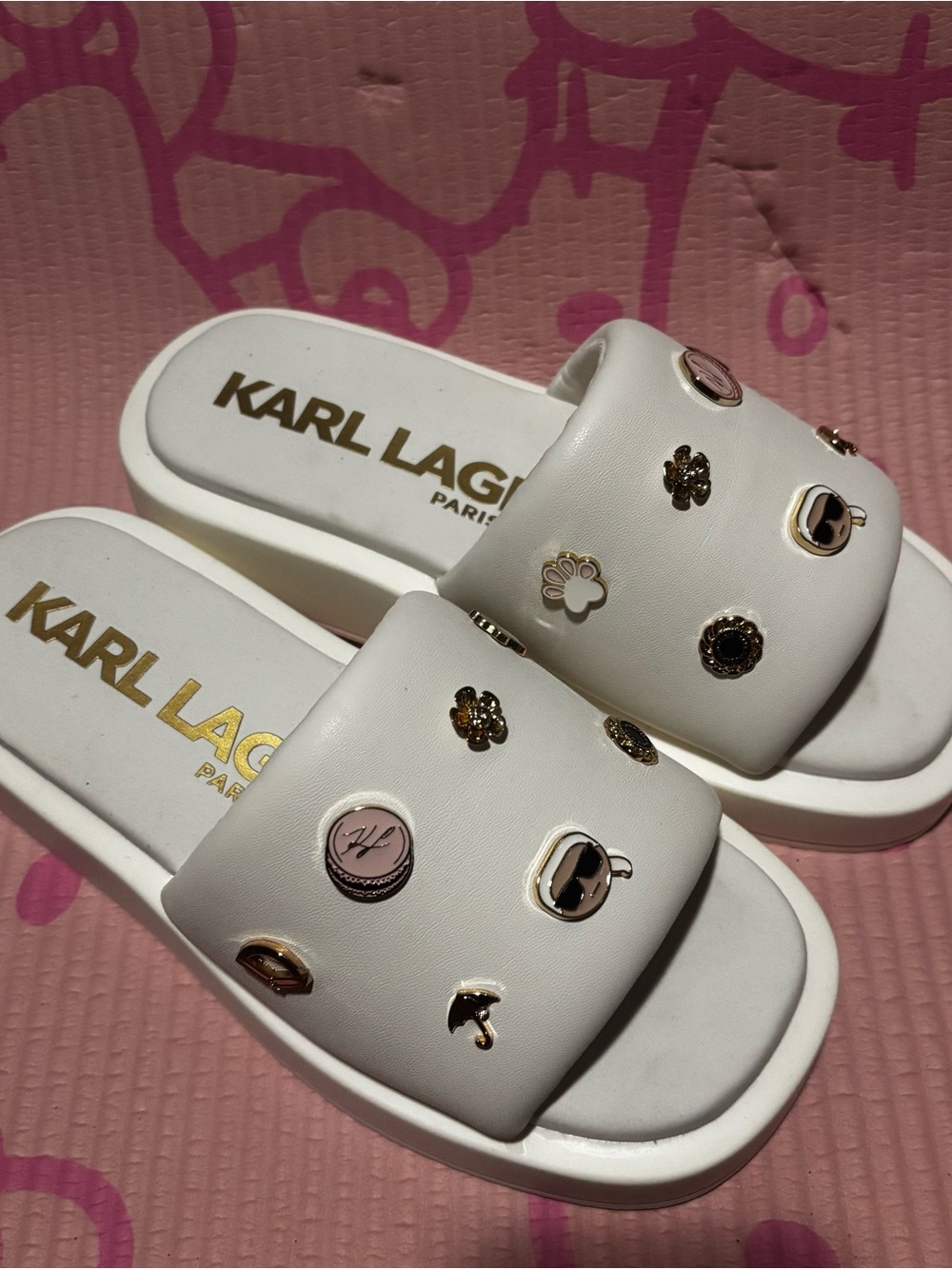 Karl Lagerfeld White Kids Slide Sandals with Gold & Pink Accents